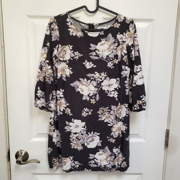Old Navy Black Floral 3/4 Sleeve Back Zip Shift Dress - Picture 1 of 6